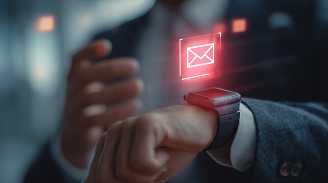 A man in a suit interacts with a smartwatch displaying a message notification, emphasizing modern technology and communication.