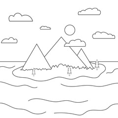 clean mountain landscape with river, sun, clouds, and pine trees in simple line style.