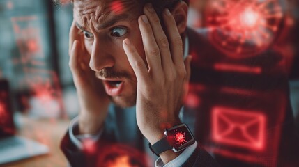 A stressed Caucasian male in a suit reacts with alarm to digital threats displayed on the screen behind him.