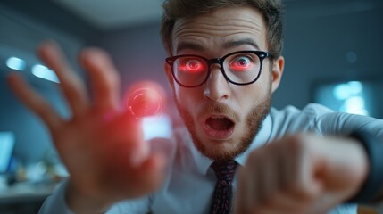 A shocked Caucasian male with glasses shows surprise while reaching out, illuminated by a red light in an office setting.