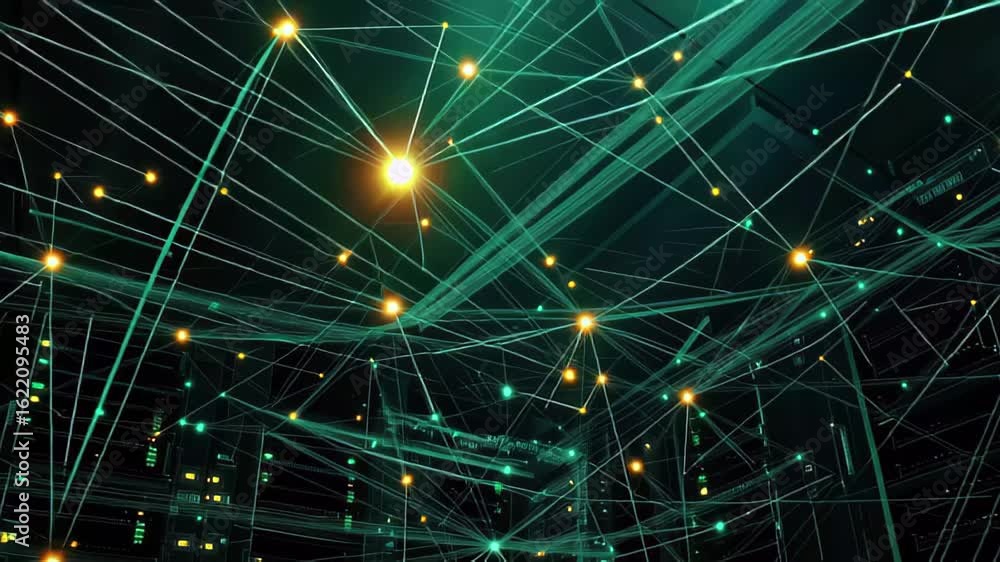 Poster network connections illuminated in a vibrant server room showcasing data flow and technology, networ
