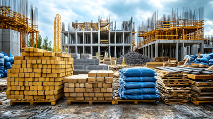 Set of construction materials including bricks, steel, wood, and cement.