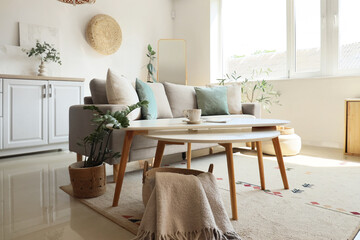 Interior of living room with comfortable sofa, basket and tables near window