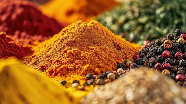 A captivating close-up of a variety of colorful spices and herbs, beautifully illuminated to highlight their vibrant colors and rich textures, perfect for culinary-themed concepts.