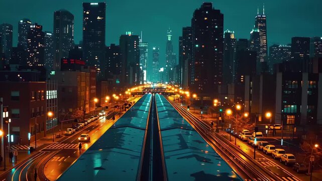 Chicago night time lapse showcases vibrant city life with trains and cars in motion, Night city time lapse with cars and trains Chicago