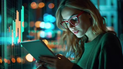 Financial data processing by a businesswoman in a modern, illuminated workspace at night, financial data processing over caucasian businesswoman in office - Powered by Adobe