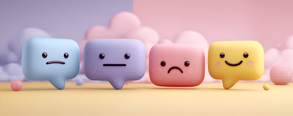 Four speech bubbles with different facial expressions