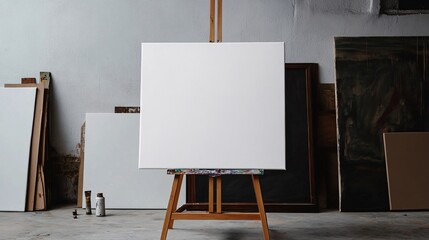 Blank White Canvas on Wooden Easel in Art Studio