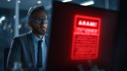 A focused middle-aged Caucasian man in glasses sits at his desk, intently watching a screen displaying a red alert.