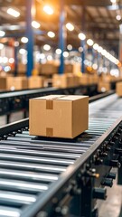 Cardboard box on conveyor belt in factory