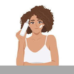 Confident Woman Holding Skincare Bottle. Flat Vector character illustration