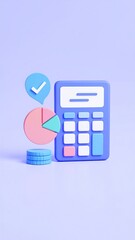 A 3D rendered calculator, pie chart, checkmark, and coins on a light purple background