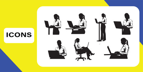 Set of Black Silhouette Icons Depicting Business Women Working on Laptops in Various Poses and Settings for Web Design