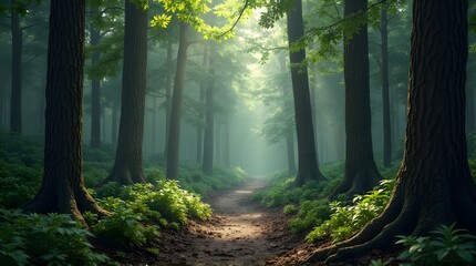 Serene Forest Path Bathed in Ethereal Morning Sunlight and Mist
