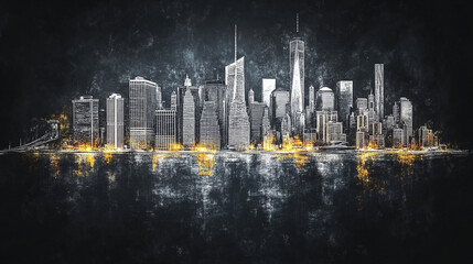 NYC skyline at night, grunge textured background