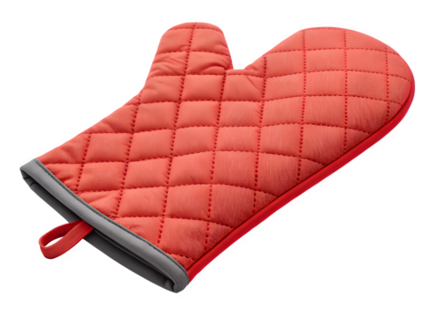 Quilted red oven mitt with grey trim isolated on black background