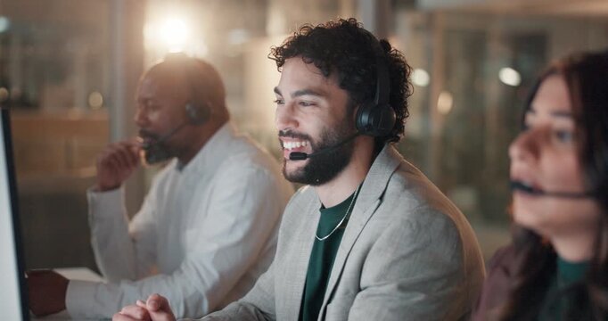 Business, man and talk with headset at call centre for help, inquiry and customer service at night. Person, coworking and PC with client feedback, telecom advice and information of procedure deadline