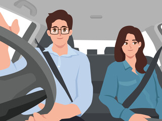 Man and a woman sit comfortably in the front seats of a car, both smiling and wearing seatbelts. Flat Vector character illustration
