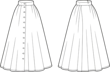 Long button skirt flat sketch, women’s pleated skirt front back view, fashion CAD template, sewing pattern technical drawing