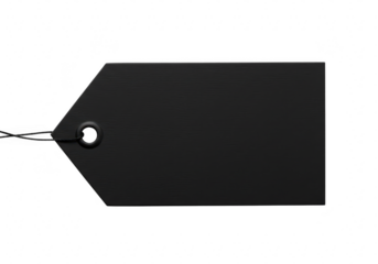 A plain black rectangular tag with a pointed end and a hole for string isolated on a transparent background