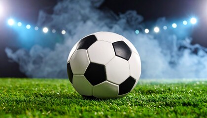 Fototapeta premium Soccer Ball on Grassy Field with Stadium Lights and Smoke Composition, Image Details, Concept, Soccer, Football Soccer, Football