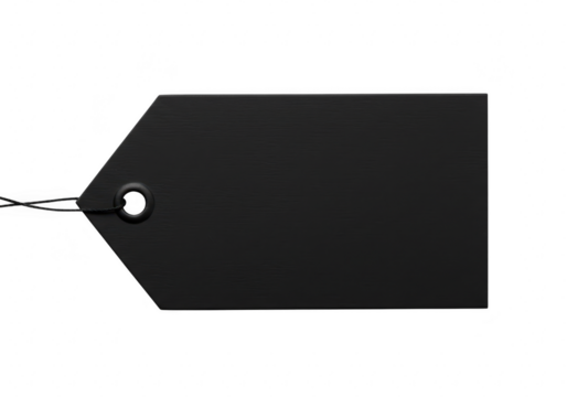 A plain black rectangular tag with a pointed end and a hole for string isolated on a transparent background