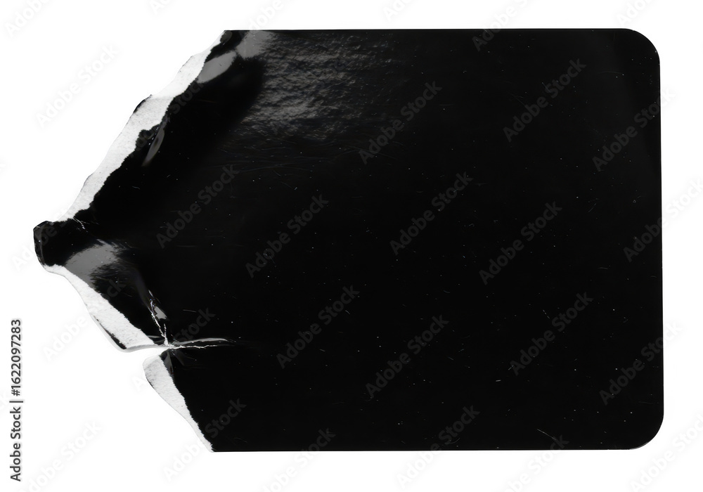 Aufkleber a blank glossy black sticker with a torn corner and ripped edge is isolated on a transparent backgro