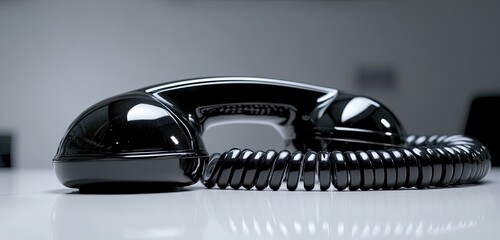 Naklejka premium Old black phone with dust and scratches, isolated on wooden retro floor