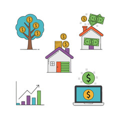 Money finance housing investment and stock market icons set