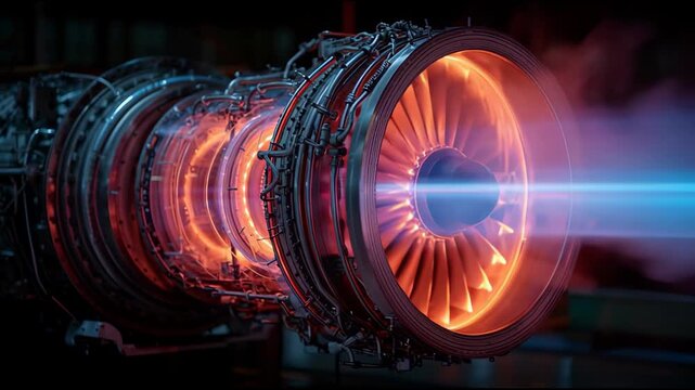 A glowing jet engine turbine emits blue exhaust, highlighting intricate engineering and power in a dark setting.