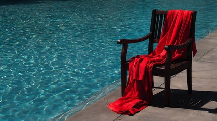 Eleganter Holzstuhl mit rotem Tuch am Poolrand im Schatten
