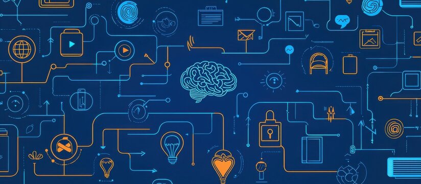 Illustration Featuring Digital Network and Brain Imagery on Blue Background
