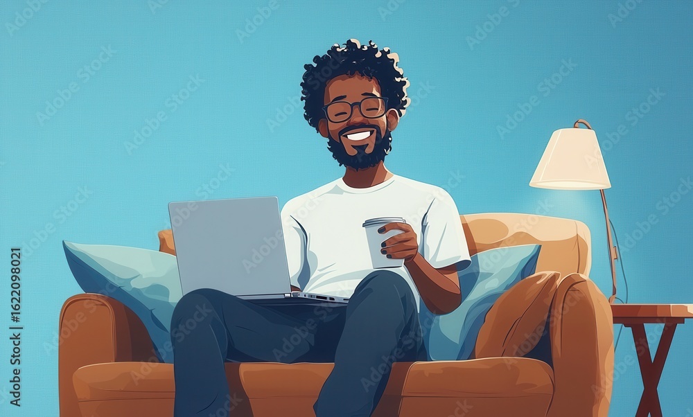 Poster smiling man working on laptop while relaxing with coffee on a comfortable sofa