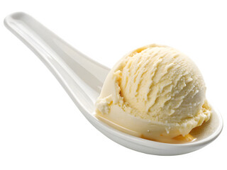 Single scoop of creamy vanilla ice cream on a white ceramic spoon