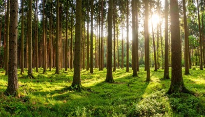 Obraz premium Sunlit Pine Forest Panoramic Composition, Lush Green Undergrowth, Tranquil Nature Scene, Forestry Photography Forest, Nature Photography