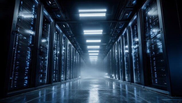 Data center server room corridor, futuristic technology infrastructure, digital storage, cloud computing - Powered by Adobe