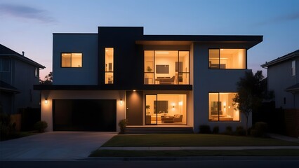 Modern two-story house illuminated at dusk with large windows and a well-maintained lawn