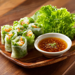 Close up of fresh spring rolls with lettuce and dipping sauce on wooden plate view