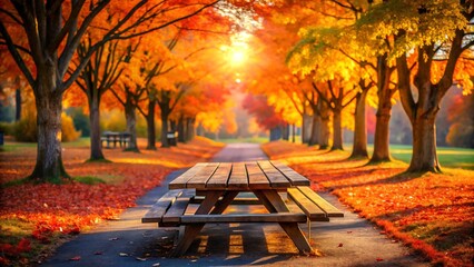 Photo of a wooden picnic table sits on a path lined with trees in vibrant autumn colors, bathed in warm sunlight