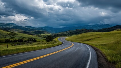 Naklejka premium Winding mountain road under stormy skies, scenic drive, travel