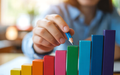 Person adding to colorful bar graph hand pencil