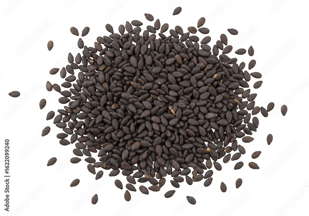 Aufkleber a closeup overhead view captures a cluster of small dark black sesame seeds spread across a stark tr