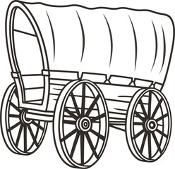 Covered wooden wagon illustration with large spoked wheels, frontier travel transport, vintage hand drawn