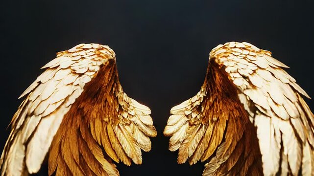 Majestic golden angel wings symbolizing freedom and spirituality on black background