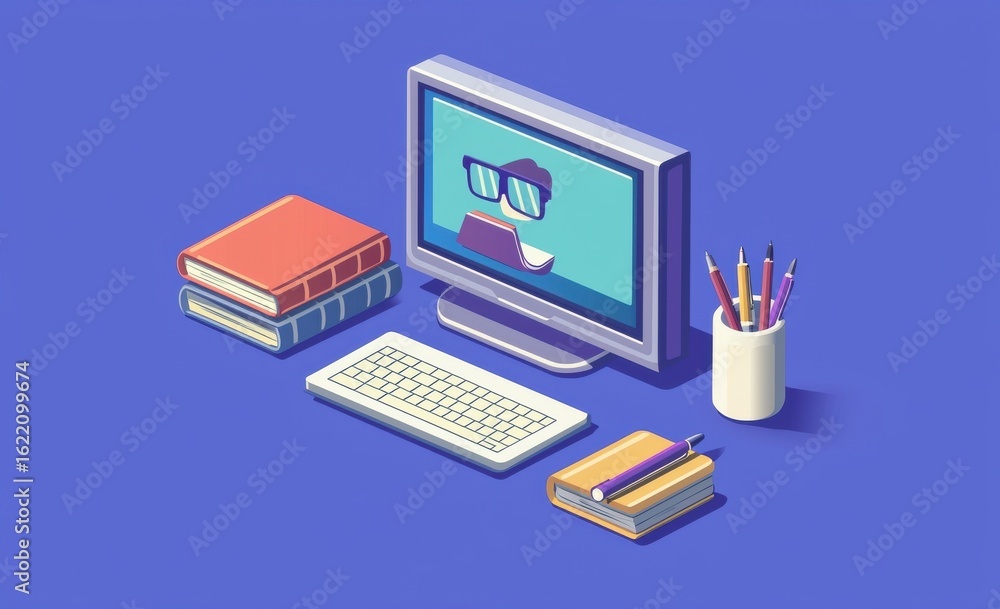 Aufkleber flat vector illustration of a computer desk setup with books and pencils