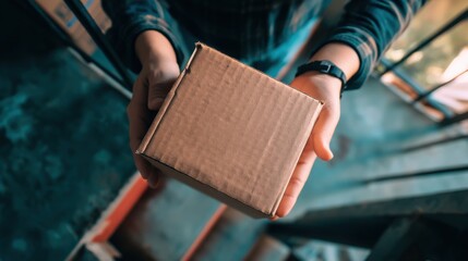 Close up of hands holding an empty brown cardboard box near metal structures, wearing a wristwatch,