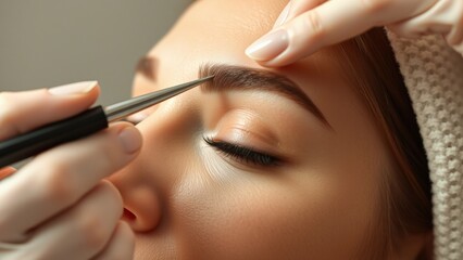 Close-up of eyebrow shaping procedure on a client’s face in a beauty salon. Ideal for grooming ads, brow care branding, makeup tutorials, and International Brow Day campaigns.