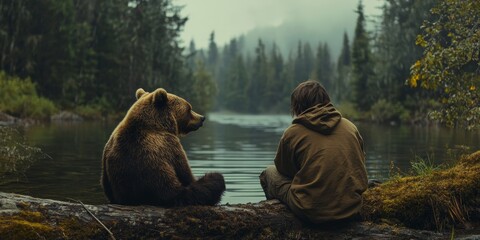Meeting between a human and a bear in the forest, capturing the awe-inspiring moment of wildlife interaction in nature, Generative AI