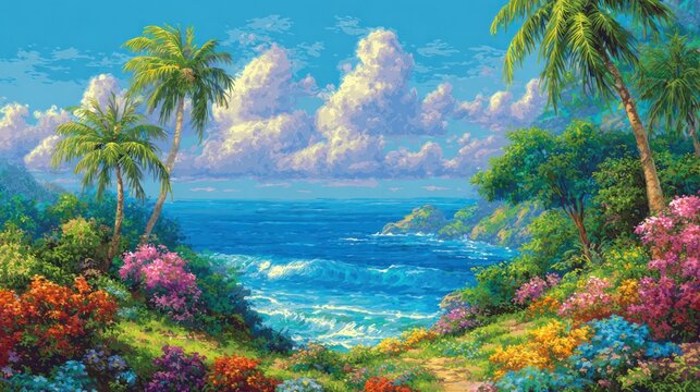 Tropical coastal paradise, lush with vibrant blooms, palm trees, ocean waves, and fluffy clouds
