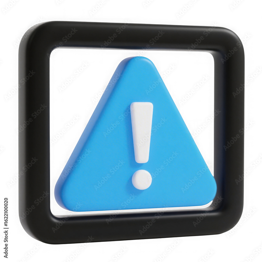Poster 3d icon of a blue triangle with a white exclamation mark inside, symbolizing a warning or alert, iso